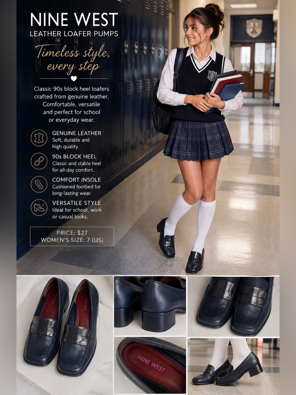 Nine West Navy Leather Loafers with Block Heel. No inside peeling really good.